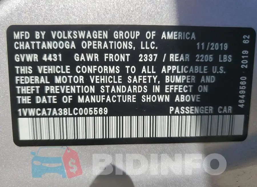 1VWCA7A38LC005569 Photo# 12