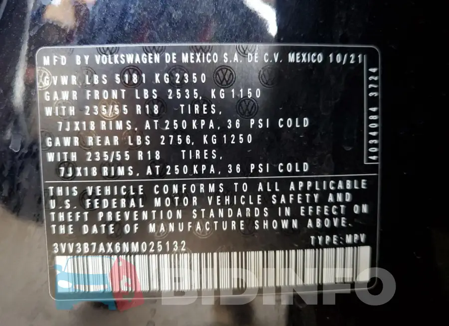 3VV3B7AX6NM025132 Photo# 13