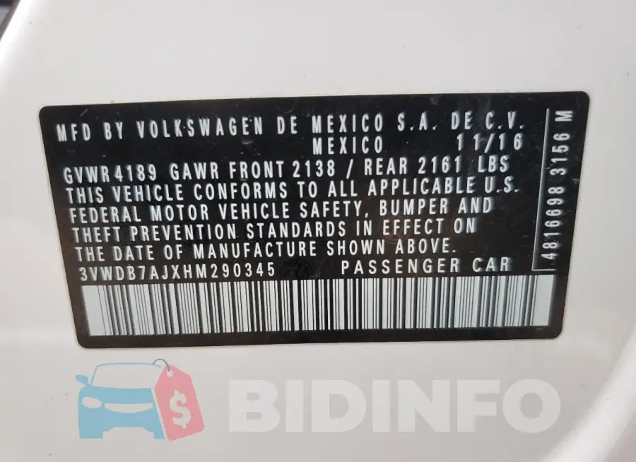 3VWDB7AJXHM290345 Photo# 12
