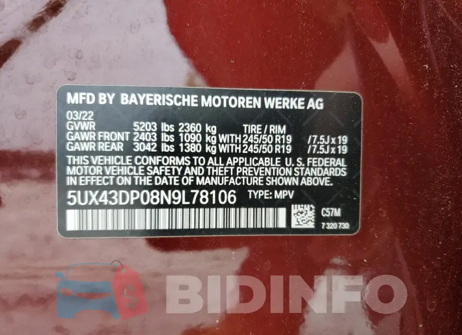 5UX43DP08N9L78106 Photo# 14