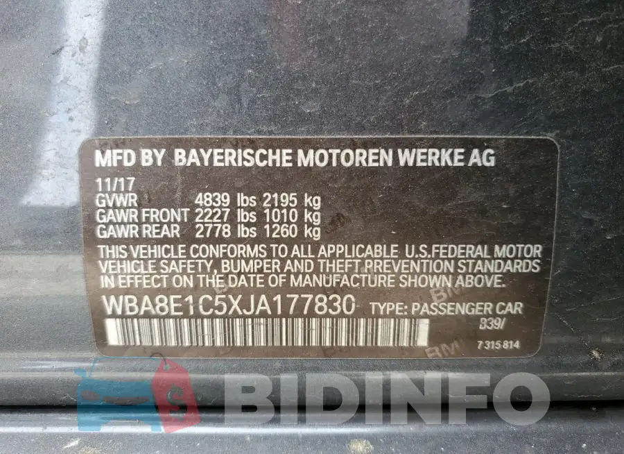 WBA8E1C5XJA177830 Photo# 12