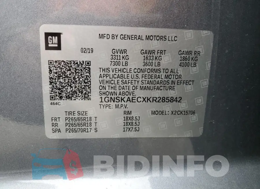 1GNSKAECXKR285842 Photo# 13