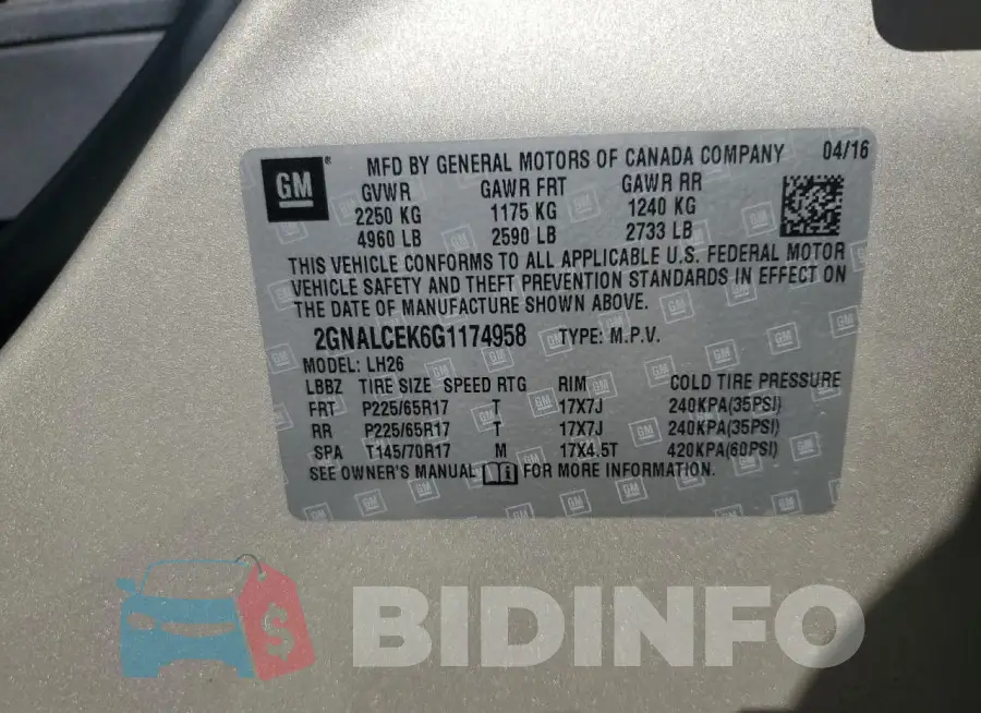 2GNALCEK6G1174958 Photo# 14