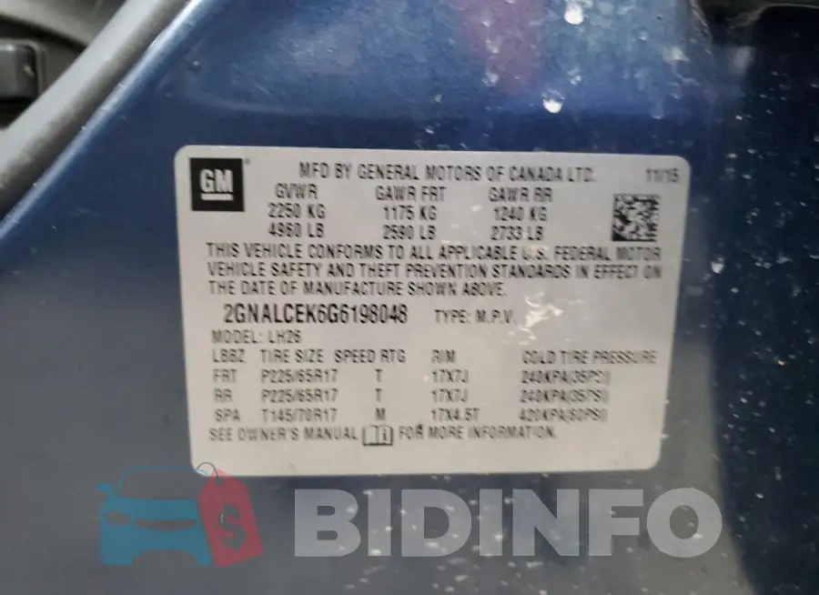 2GNALCEK6G6198048 Photo# 13