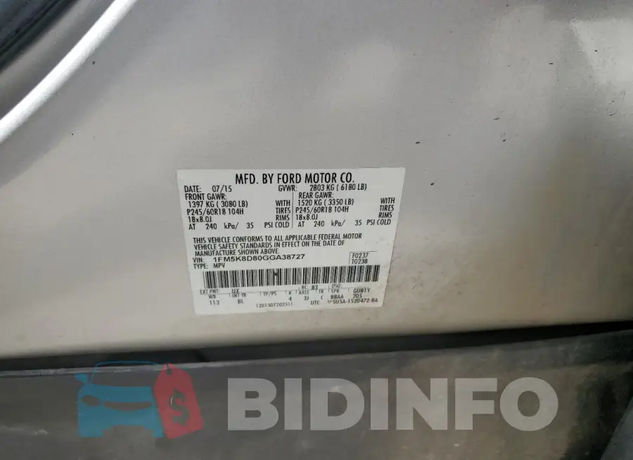 1FM5K8D80GGA38727 Photo# 13