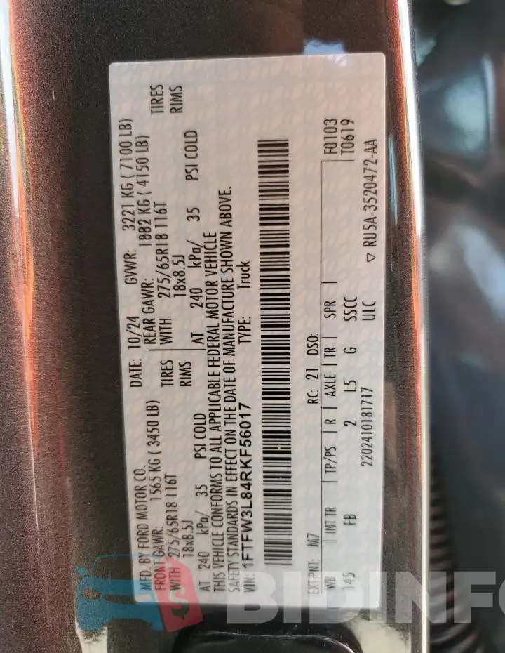 1FTFW3L84RKF56017 Photo# 12