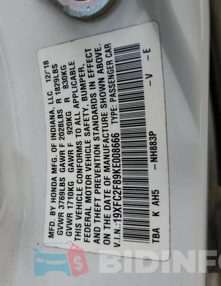 19XFC2F89KE008666 Photo# 12