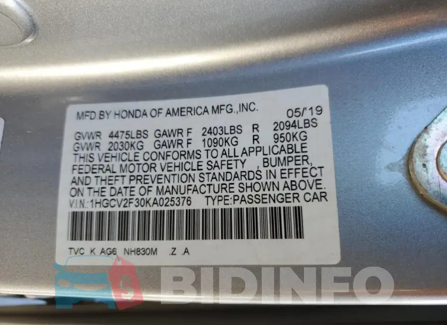 1HGCV2F30KA025376 Photo# 13