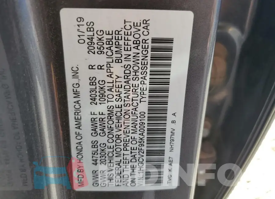 1HGCV2F95KA009100 Photo# 12