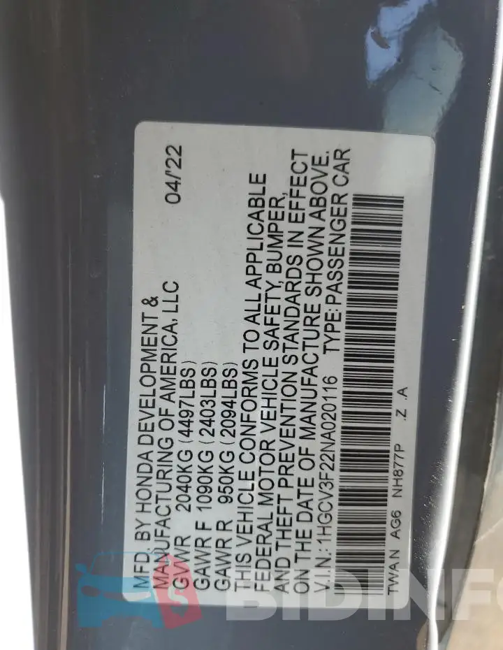 1HGCV3F22NA020116 Photo# 12