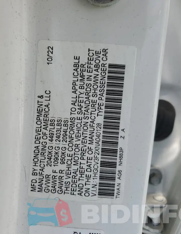 1HGCV3F2XNA040128 Photo# 12