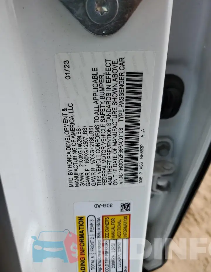 1HGCY2F68PA001108 Photo# 13