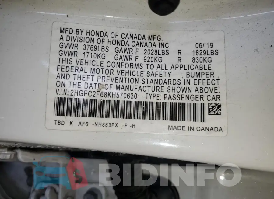 2HGFC2F68KH570630 Photo# 13