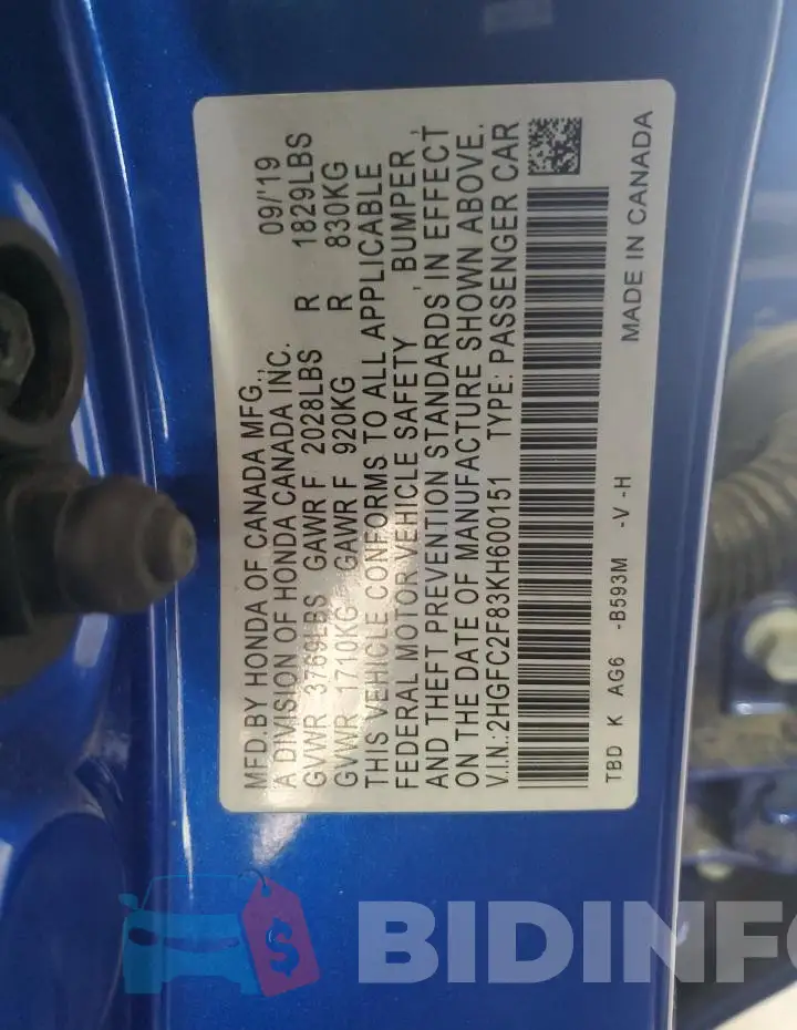 2HGFC2F83KH600151 Photo# 12