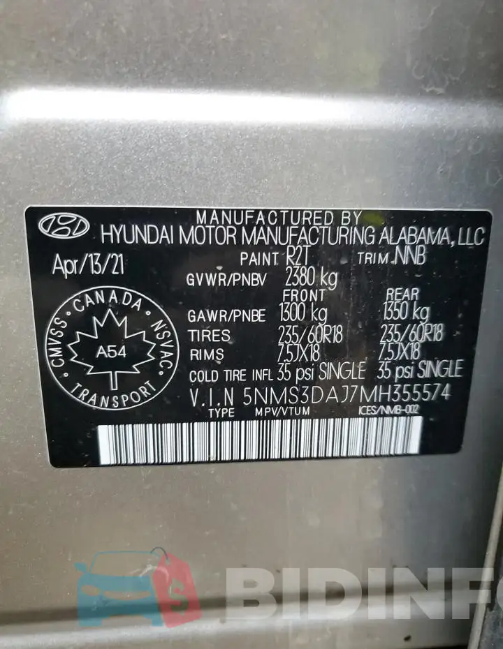 5NMS3DAJ7MH355574 Photo# 13
