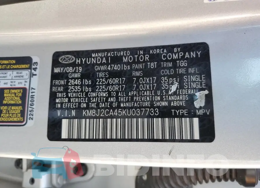 KM8J2CA45KU037733 Photo# 13