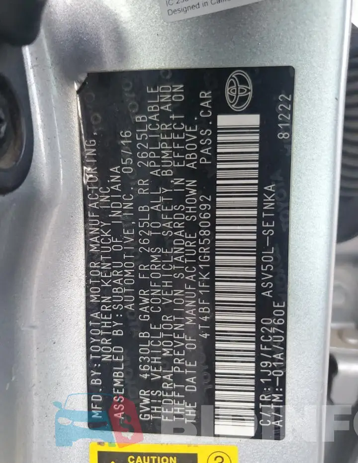 4T4BF1FK1GR580692 Photo# 12