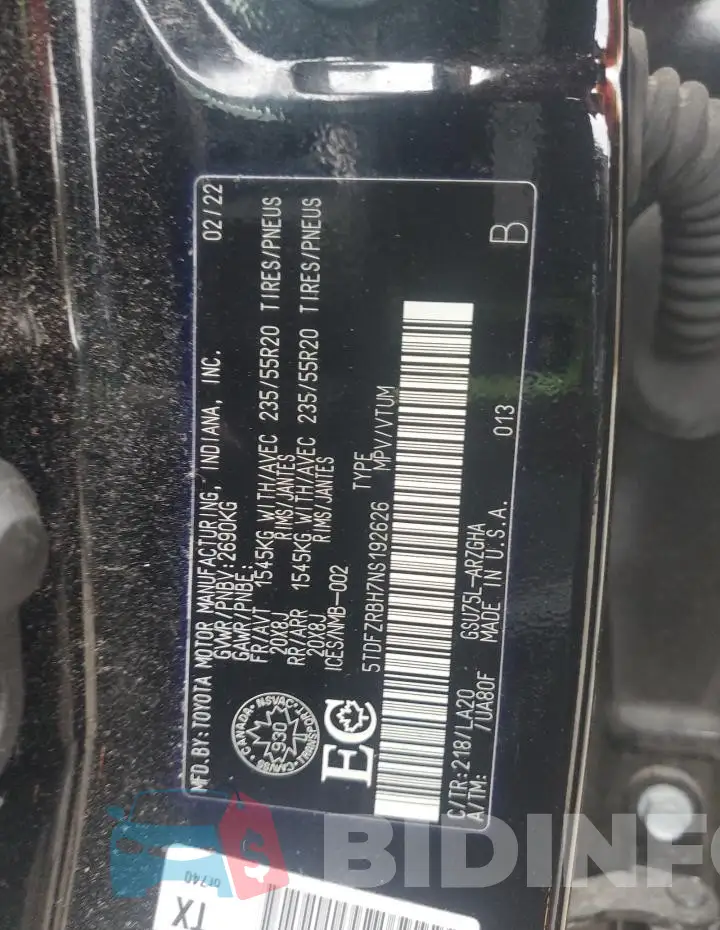 5TDFZRBH7NS192626 Photo# 14