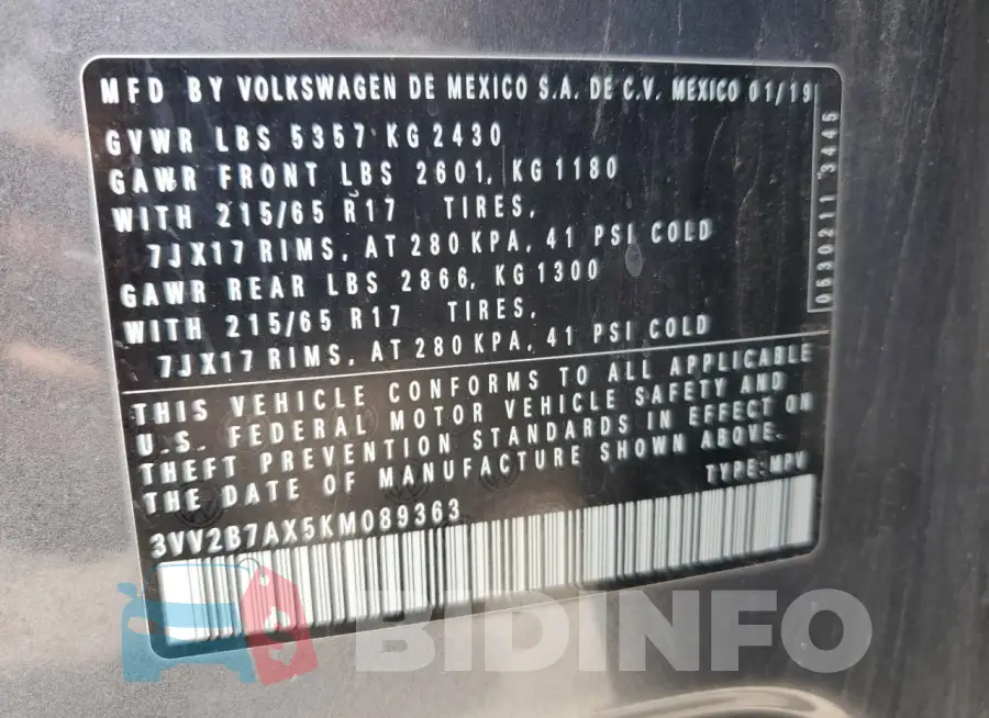 3VV2B7AX5KM089363 Photo# 14