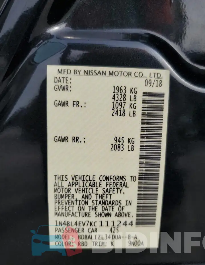 1N4BL4EV7KC111244 Photo# 12