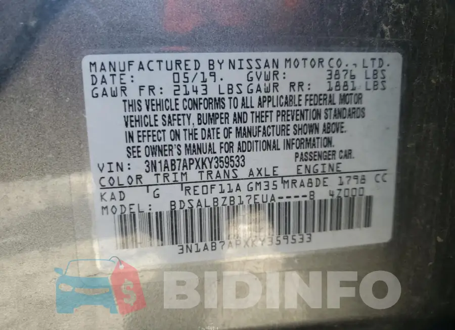 3N1AB7APXKY359533 Photo# 12