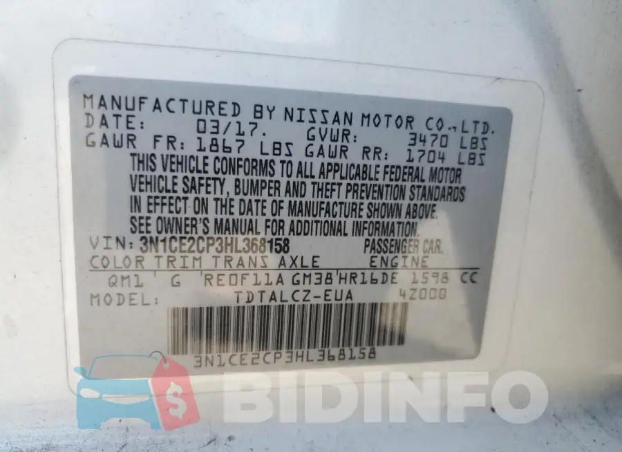 3N1CE2CP3HL368158 Photo# 12