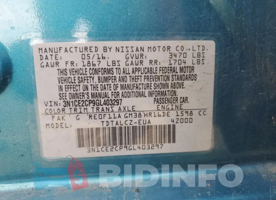 3N1CE2CP9GL403297 Photo# 13