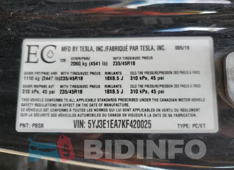 5YJ3E1EA7KF420025 Photo# 12