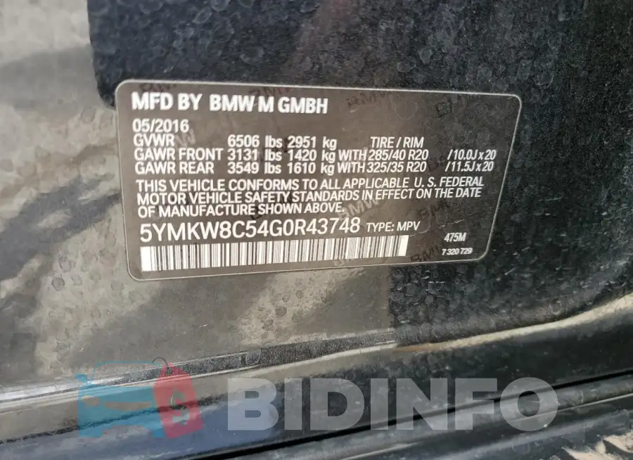 5YMKW8C54G0R43748 Photo# 13