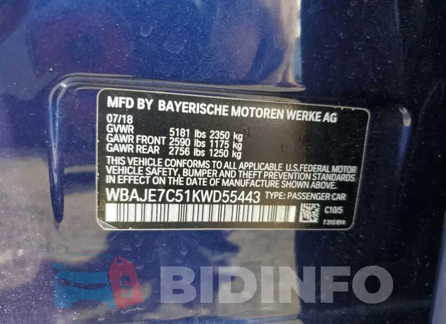 WBAJE7C51KWD55443 Photo# 12