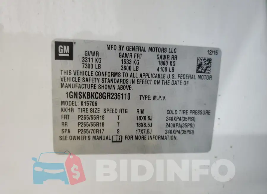 1GNSKBKC8GR236110 Photo# 14