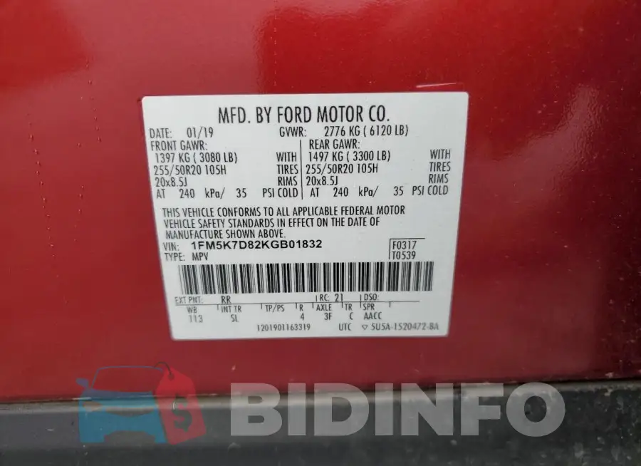 1FM5K7D82KGB01832 Photo# 12