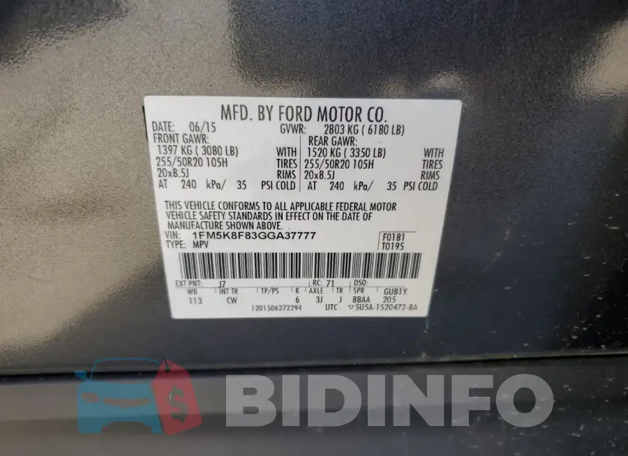 1FM5K8F83GGA37777 Photo# 13