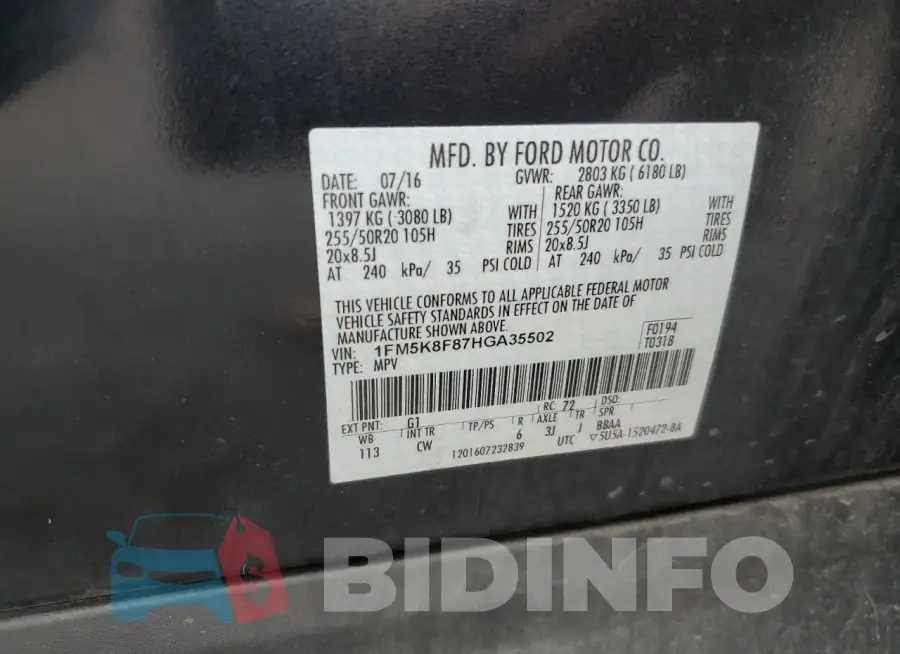 1FM5K8F87HGA35502 Photo# 13
