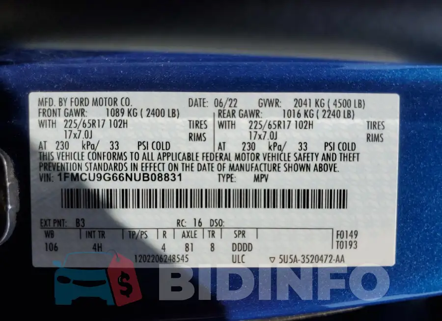 1FMCU9G66NUB08831 Photo# 12