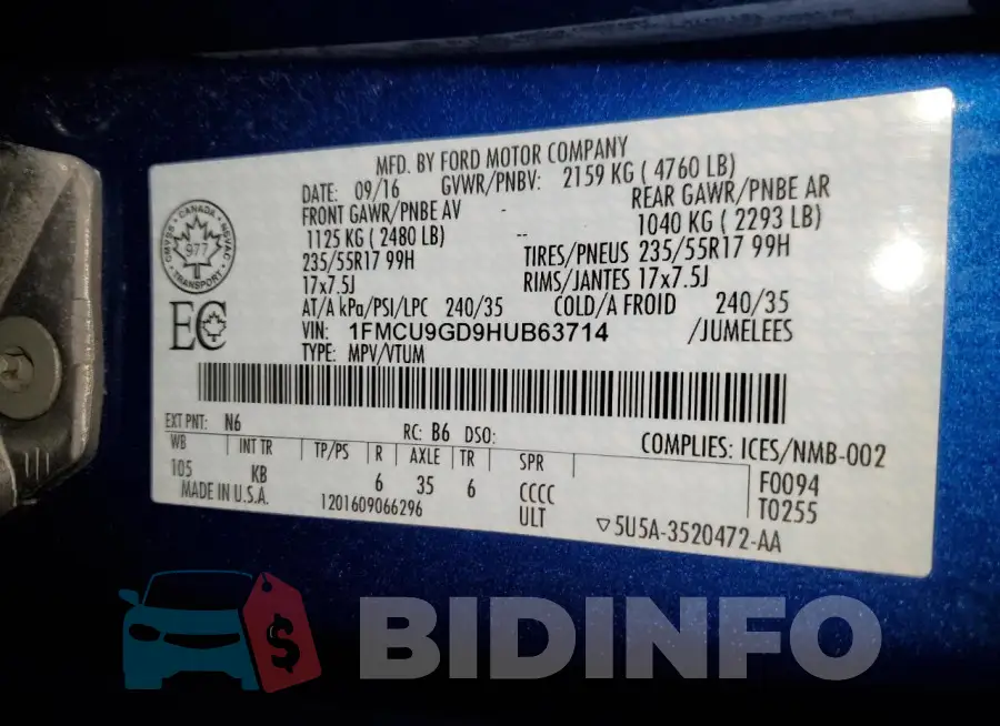 1FMCU9GD9HUB63714 Photo# 13