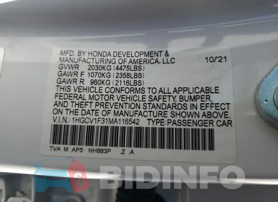 1HGCV1F31MA116542 Photo# 12