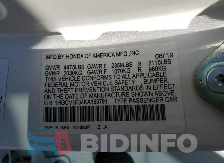 1HGCV1F34KA160791 Photo# 12