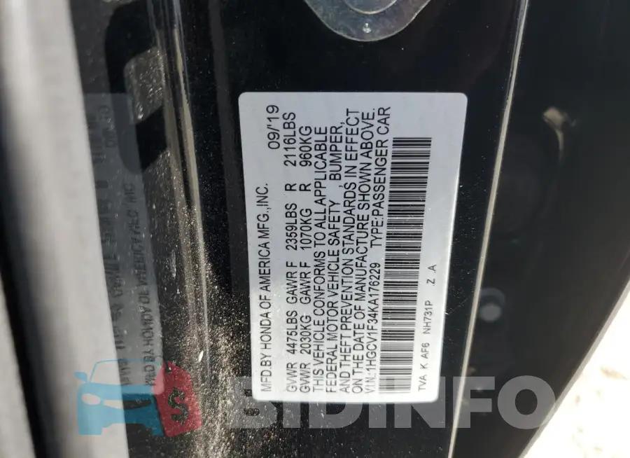 1HGCV1F34KA176229 Photo# 12