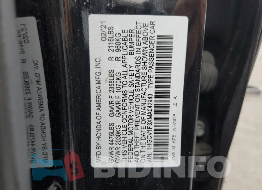 1HGCV1F3XMA042943 Photo# 12