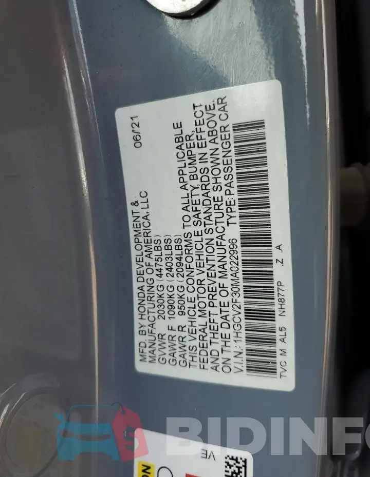 1HGCV2F30MA022996 Photo# 13