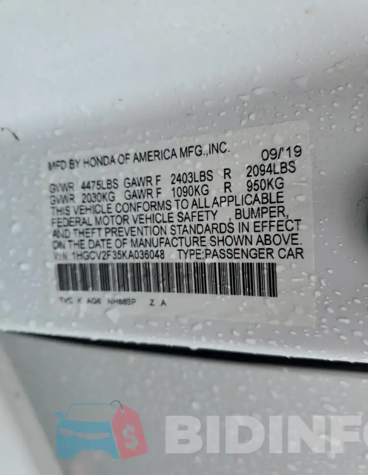 1HGCV2F35KA036048 Photo# 12