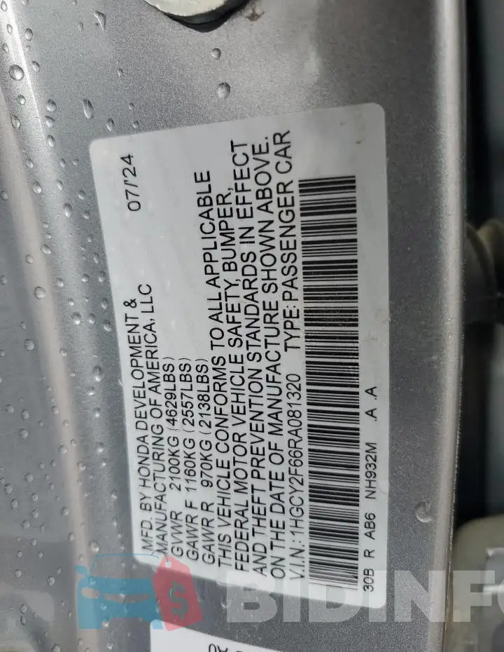 1HGCY2F66RA081320 Photo# 12