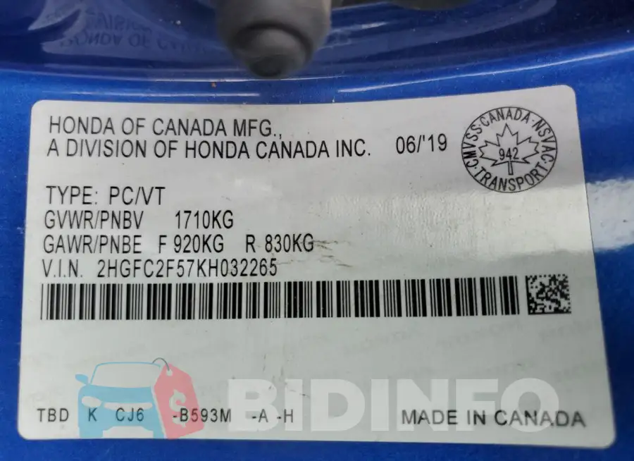 2HGFC2F57KH032265 Photo# 13