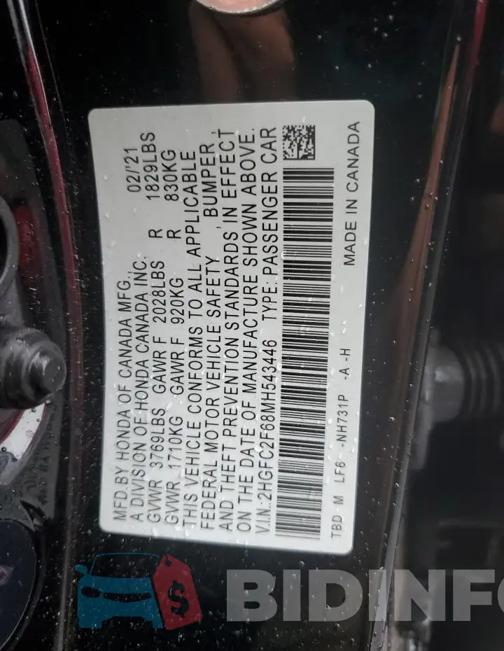 2HGFC2F68MH543446 Photo# 12