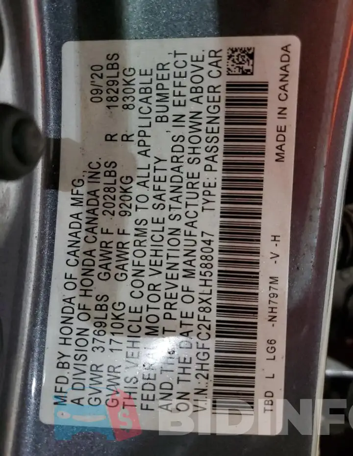 2HGFC2F8XLH588047 Photo# 12
