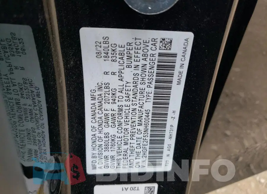 2HGFE2F53NH600445 Photo# 12