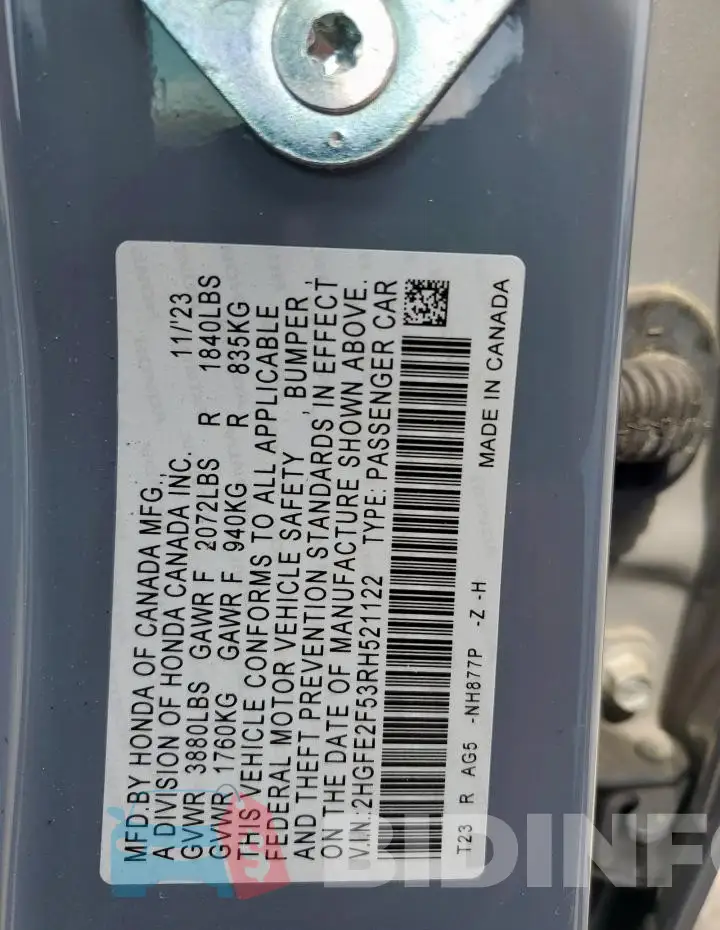 2HGFE2F53RH521122 Photo# 12