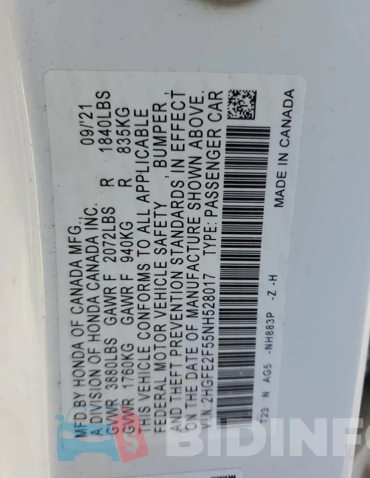 2HGFE2F55NH528017 Photo# 12