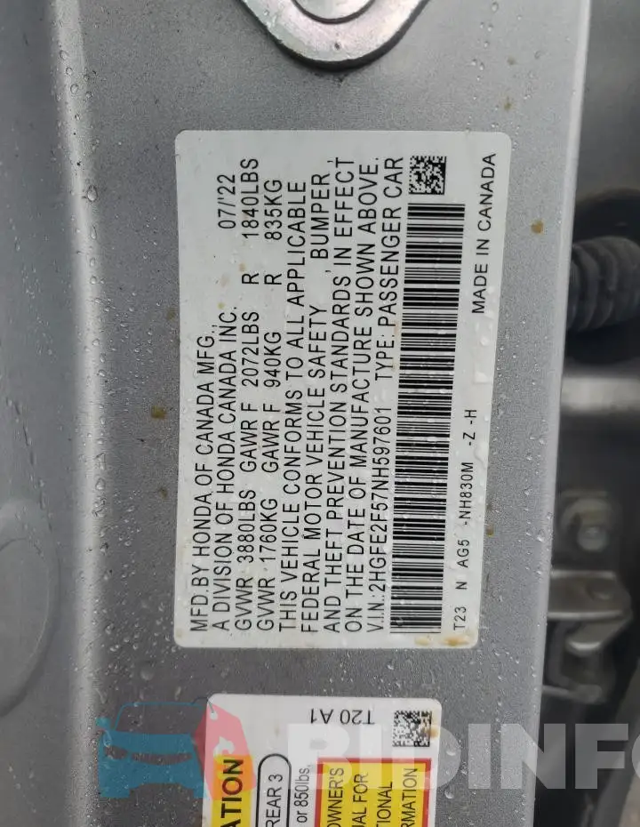 2HGFE2F57NH597601 Photo# 12